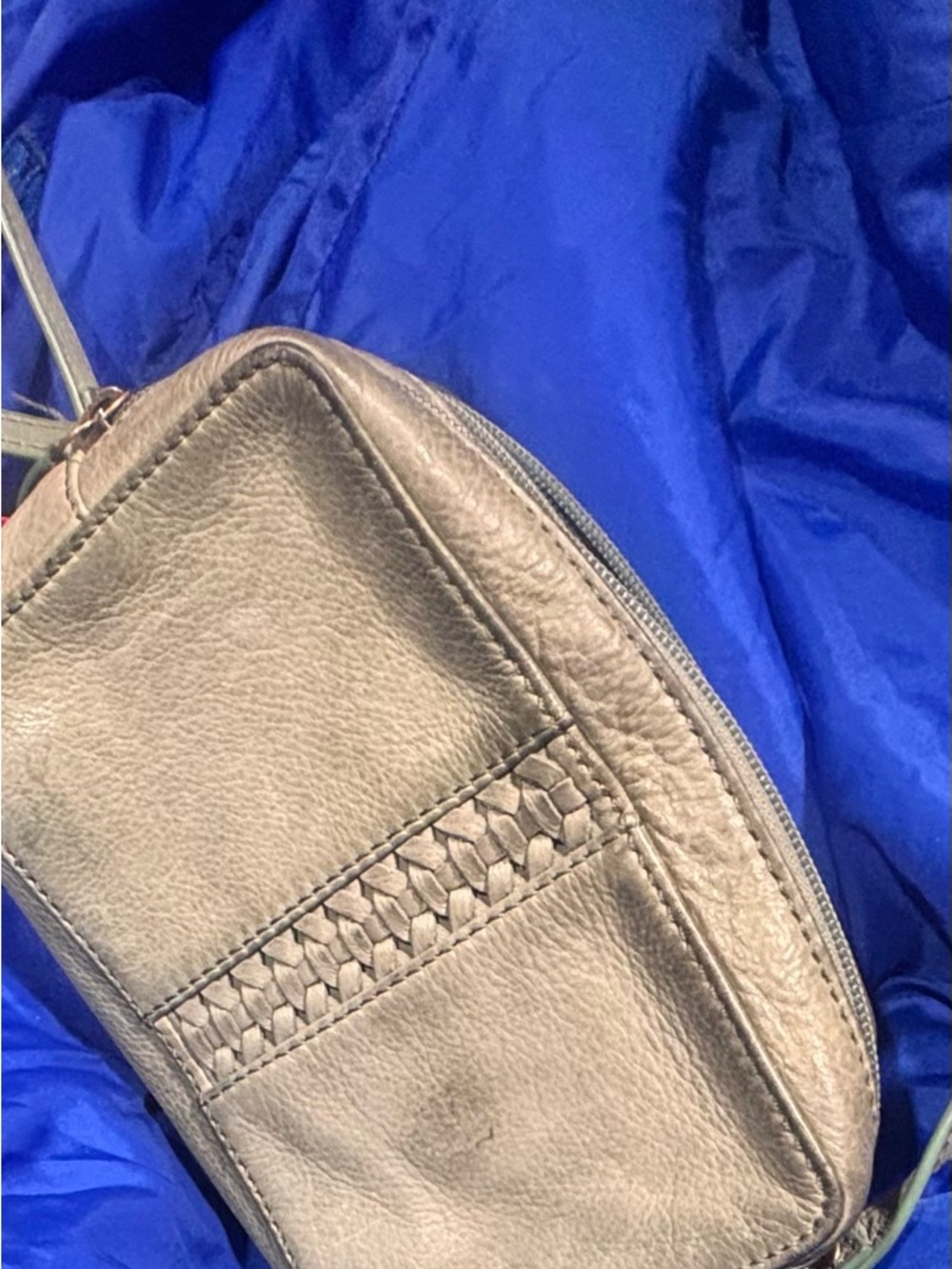 Neutral Taupe Leather Woven-Accent Crossbody Bag